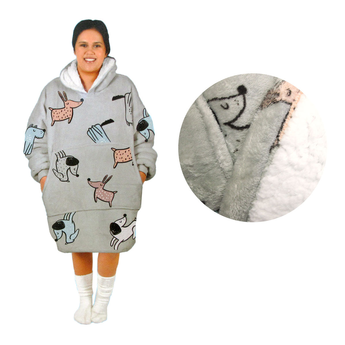 Hoodie Robes Assorted Brands Adult Women Comfy Warm Blanket Hoodie With Sherpa Fleece Reverse Grey Dogs