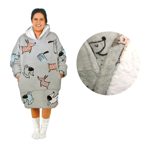 Hoodie Robes Assorted Brands Adult Women Comfy Warm Blanket Hoodie With Sherpa Fleece Reverse Grey Dogs
