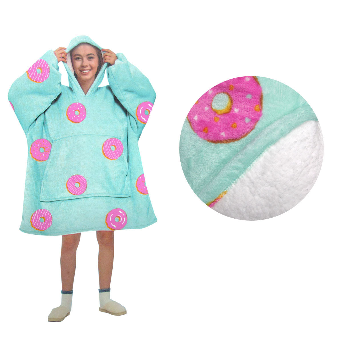 Blanket Hoodie With Sherpa Reverse Aqua Donuts Blankets