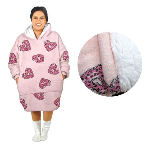 Adult Women Comfy Warm Blanket Hoodie With Sherpa Fleece Reverse Pink Hearts