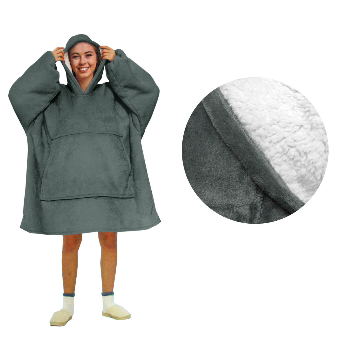 Blanket Hoodie With Sherpa Reverse Plain Dark Grey Blankets