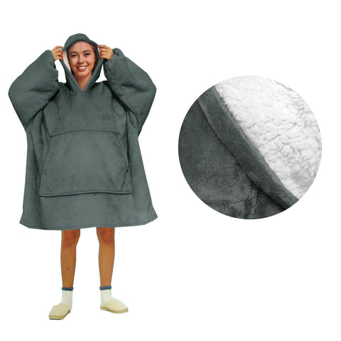 Blanket Hoodie With Sherpa Reverse Plain Dark Grey