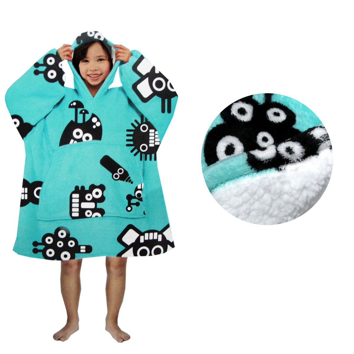 Blanket Hoodie With Sherpa Reverse Aqua Robots Blankets