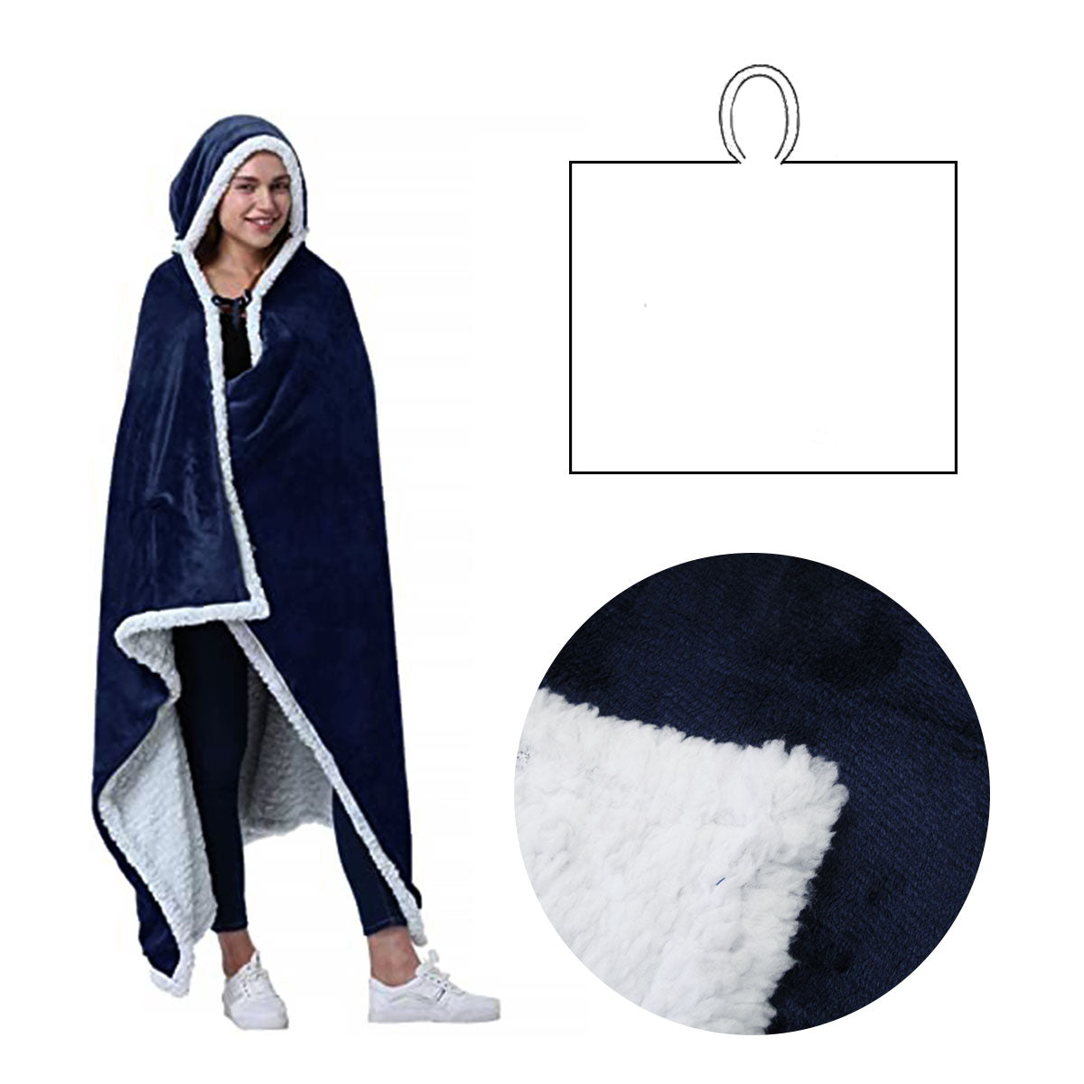 Hoodie Robes Assorted Brands Adult Men Women Open Blanket Hoodie Poncho With Sherpa Fleece Reverse Navy