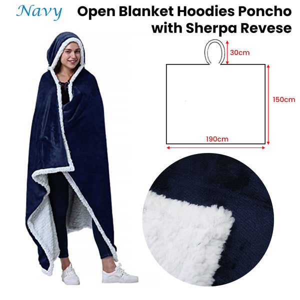 Adult Men Women Open Blanket Hoodie Poncho With Sherpa Fleece Reverse Navy Hoodie Robes