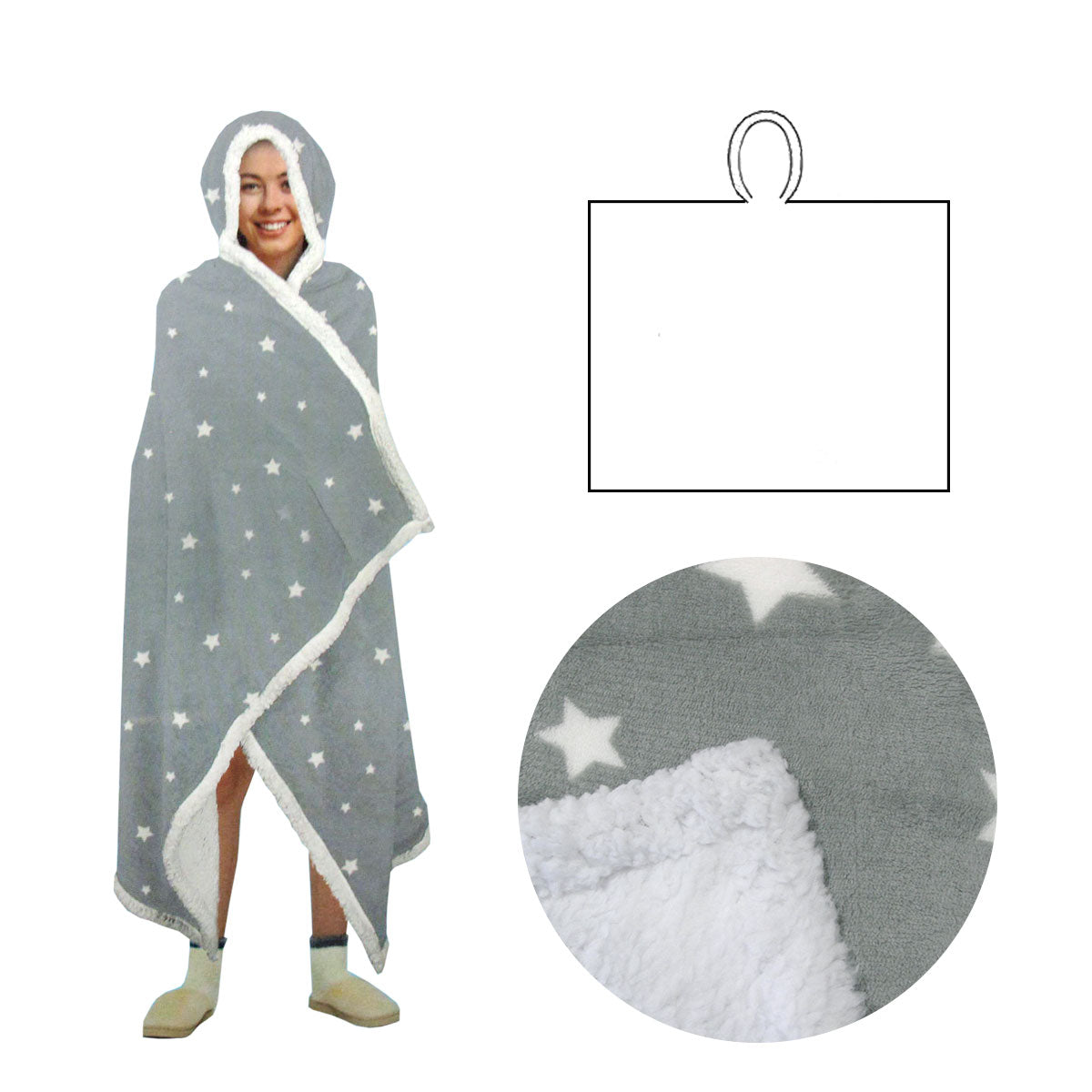 Adult Men Women Open Blanket Hoodie Poncho With Sherpa Fleece Reverse Silver Star Hoodie Robes