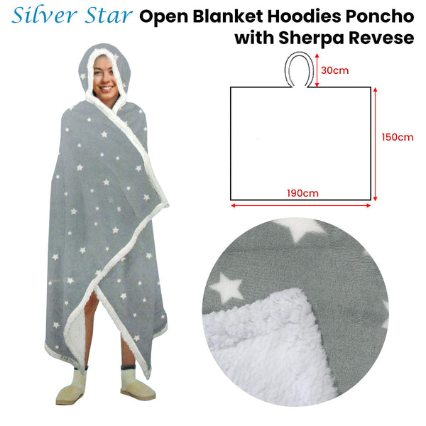 Adult Men Women Open Blanket Hoodie Poncho With Sherpa Fleece Reverse Silver Star Hoodie Robes