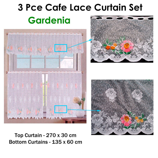 3 Pcs Cafe Gardenia Lace Curtain Set Curtains & Drapes