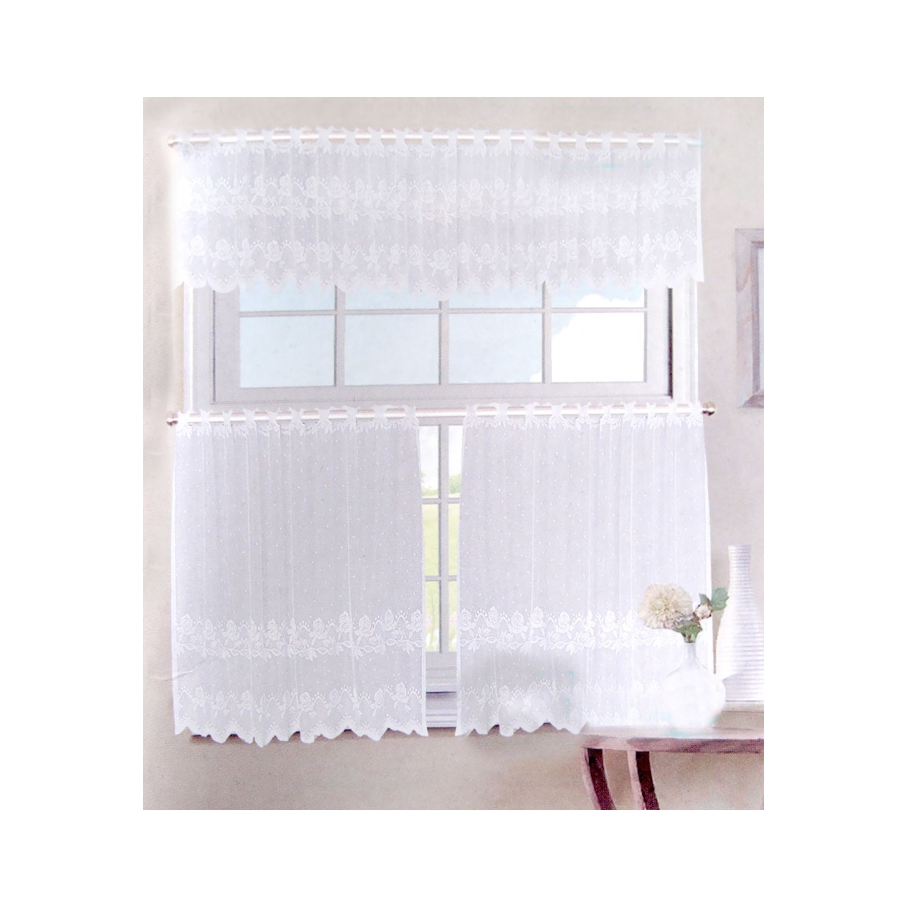 3 Pcs Cafe Rose Lace Curtain Set Curtains & Drapes