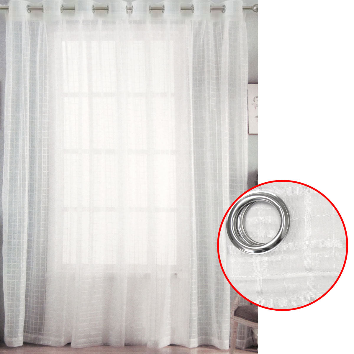 Pair Of White Checkered Eyelet Sheer Curtains 140 X 225Cm Curtains & Drapes