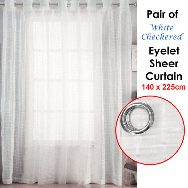 Pair Of White Checkered Eyelet Sheer Curtains 140 X 225Cm Curtains & Drapes
