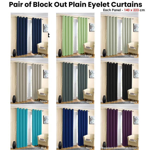 Pair Of Blockout Plain Eyelet Curtains Blue Curtains & Drapes