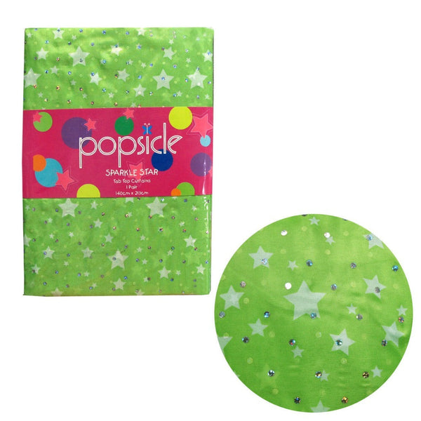 Pair Of Organza Sequined Tab Top Curtains Sparkle Star Lime Green 140 X 213 Cm Curtains & Drapes