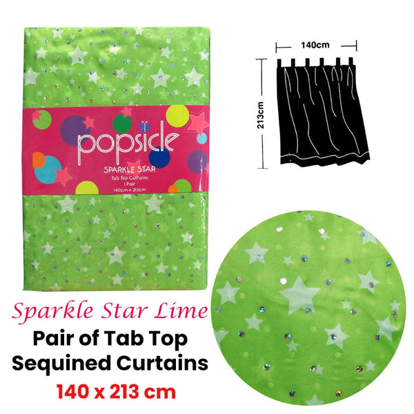 Pair Of Organza Sequined Tab Top Curtains Sparkle Star Lime Green 140 X 213 Cm Curtains & Drapes