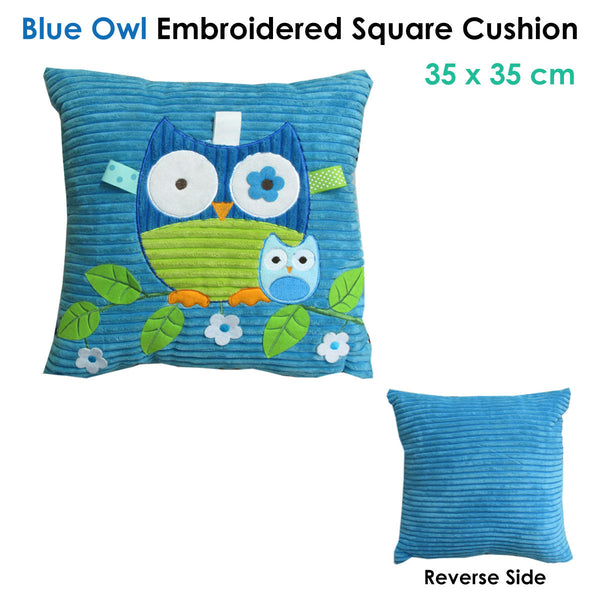 Blue Owl Embroidered Applique Square Cushion Cushions & Decorative Pillows