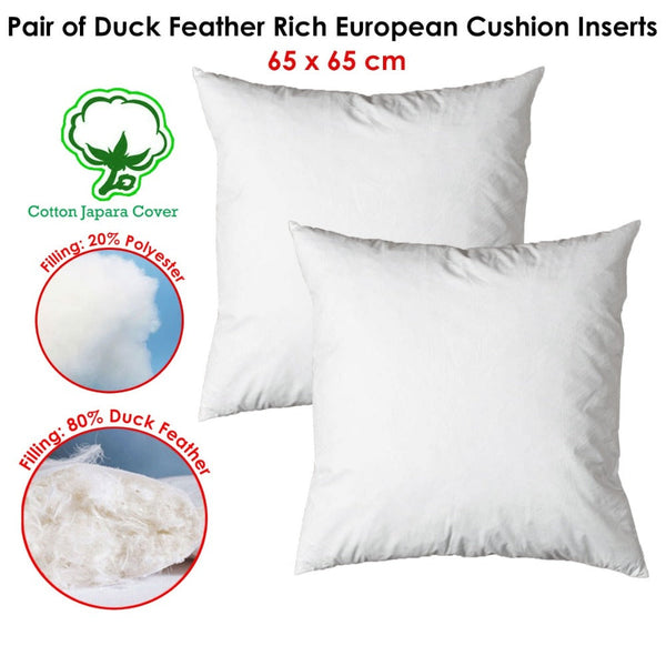 Pair Of Duck Feather Rich Fill European Cushion Inserter 65 X Cm