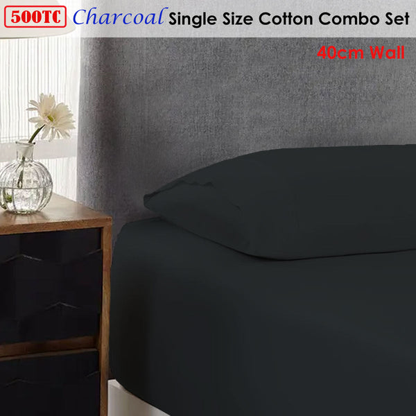 500Tc Cotton Combo Set Charcoal Single 40Cm Wall Sheets