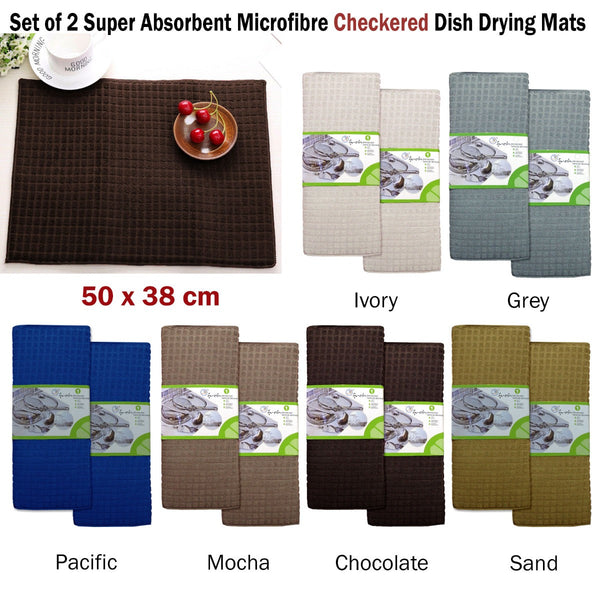 Set Of 2 Microfibre Checkered Dish Drying Mats Mocha