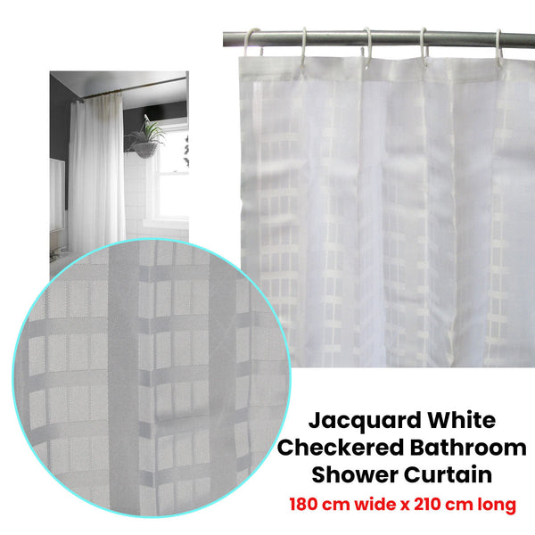 Jacquard White Checkered Bathroom Shower Curtain 180Cm Wide X 210 Long