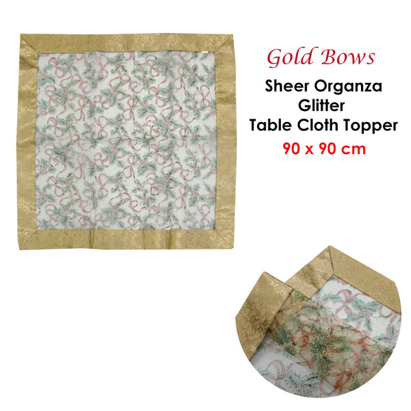 Christmas Gold Bows Sheer Organza Glitter Table Cloth Topper 90 X Cm Seasonal Decorations