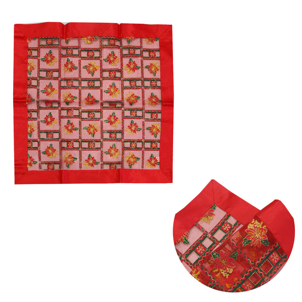 Christmas Red Festival Floral Sheer Organza Glitter Table Cloth Topper 90 X Cm Seasonal Decorations