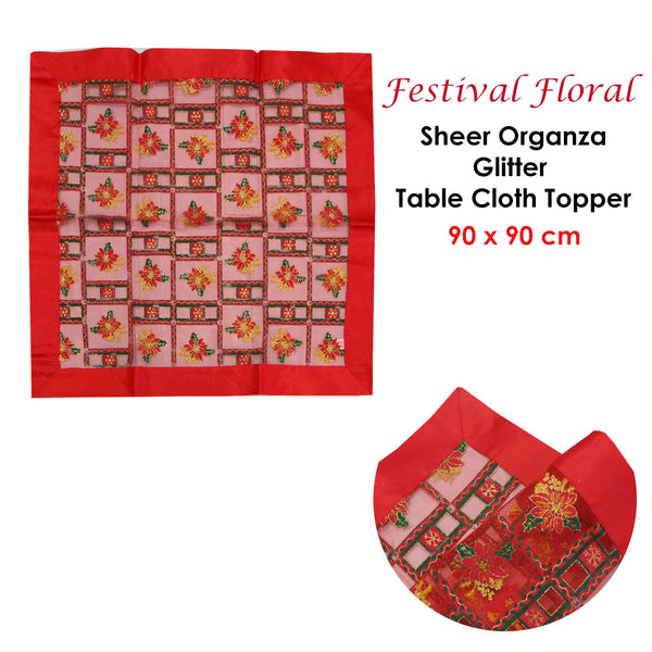 Christmas Red Festival Floral Sheer Organza Glitter Table Cloth Topper 90 X Cm Seasonal Decorations