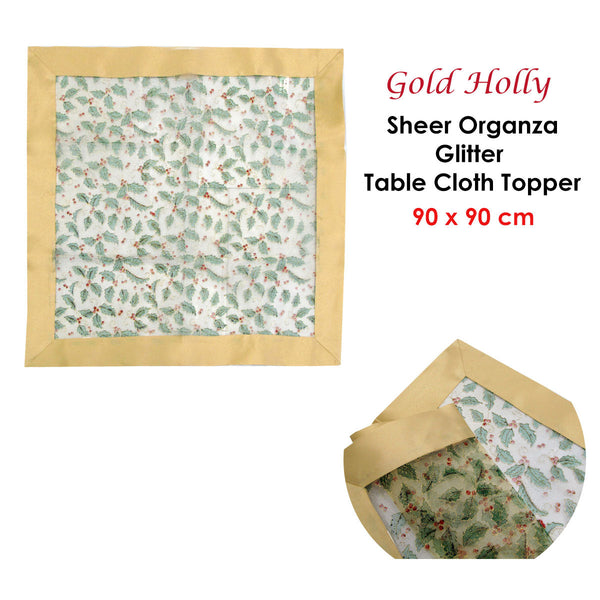 Christmas Gold Holly Sheer Organza Glitter Table Cloth Topper 90 X Cm