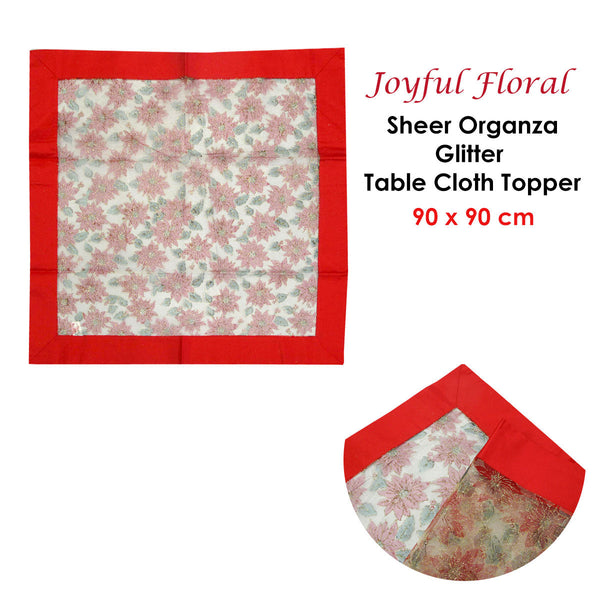 Christmas Red Joyful Floral Sheer Organza Glitter Table Cloth Topper 90 X Cm Seasonal Decorations