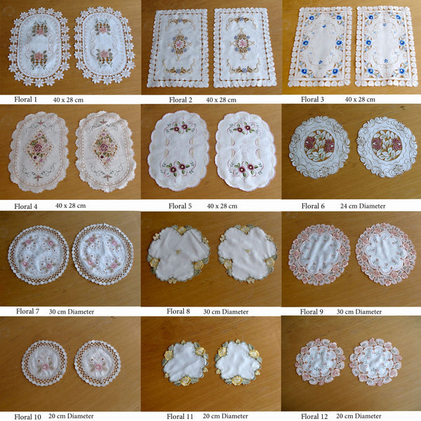 Set Of 2 Embroidered Doilies Floral 11 Placemats