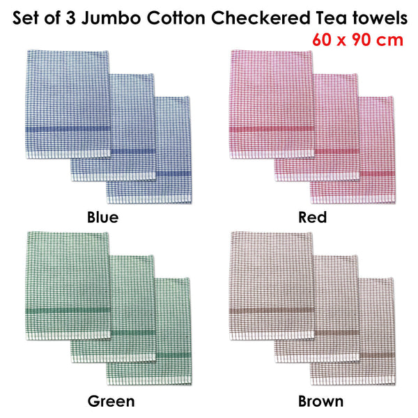 Set Of 3 Jumbo Cotton Checkered Tea Towels 60 X 90 Cm Red Tea Towels & Dishcloths