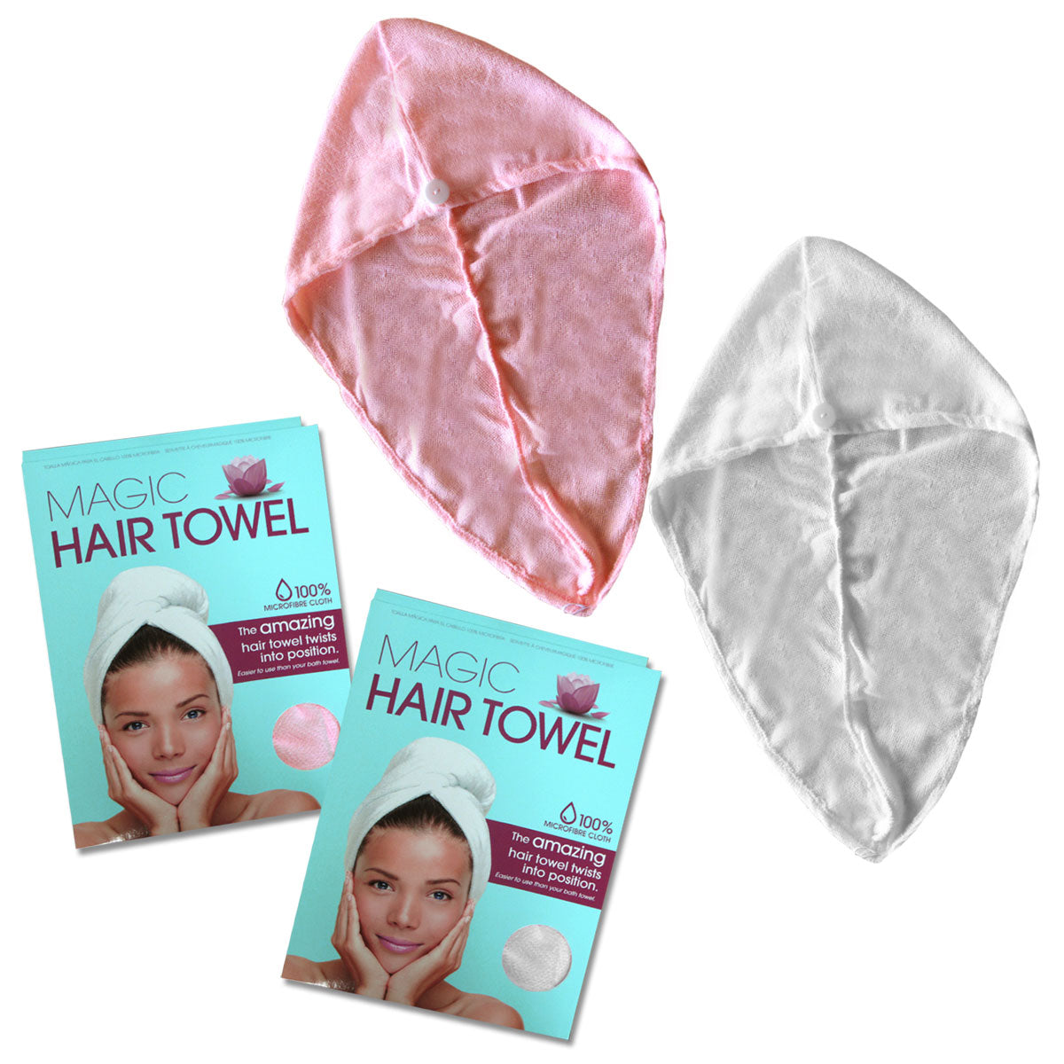 Set Of 2 Magic Quick Dry Microfibre Hair Dryer Towels Pink + White Towels & Washcloths
