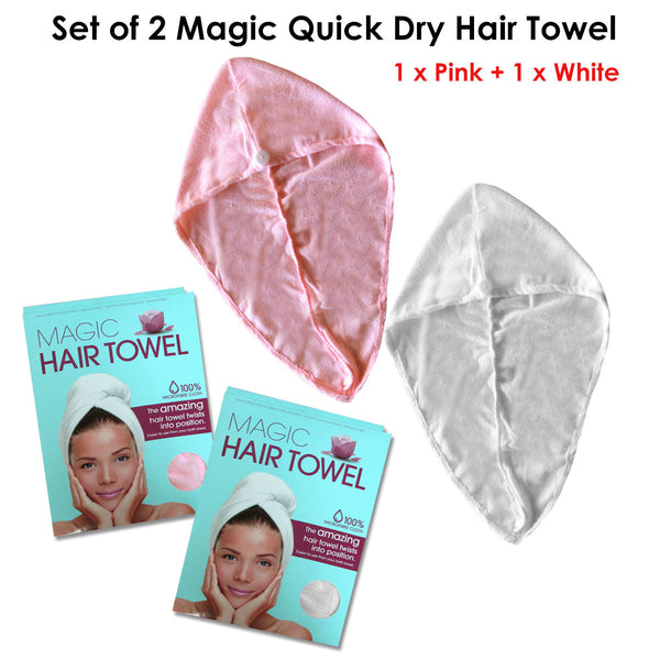 Set Of 2 Magic Quick Dry Microfibre Hair Dryer Towels Pink + White Towels & Washcloths
