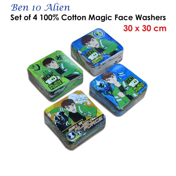 Set Of 4 Ben 10 Alien Magic 100% Cotton Face Washers Towels & Washcloths