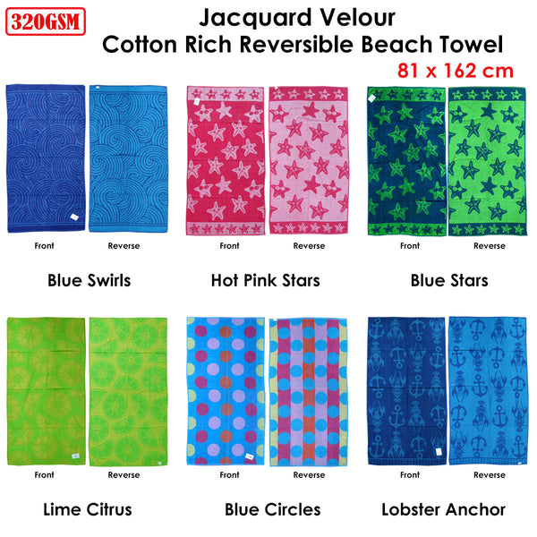 Jacquard Velour Reversible Beach Towel Blue Stars