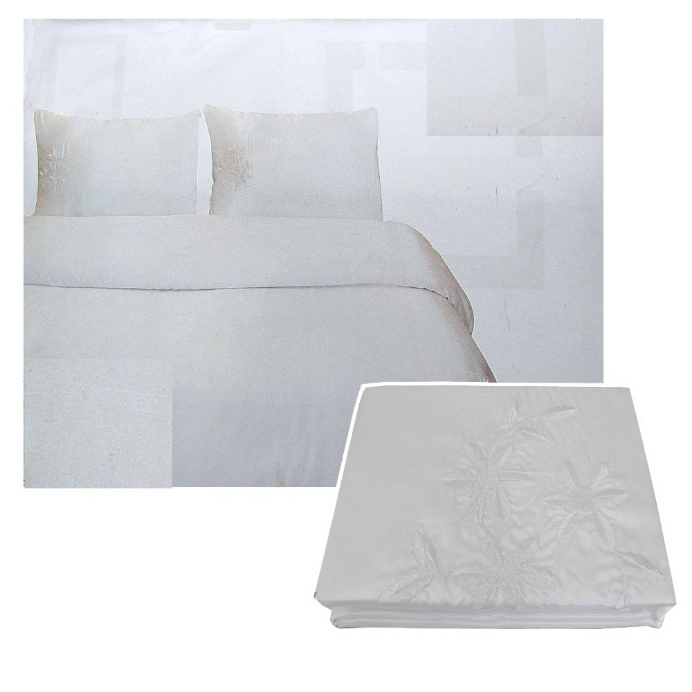 Tuberose Satin Embroidery Quilt Cover Set White Queen Quilt Covers