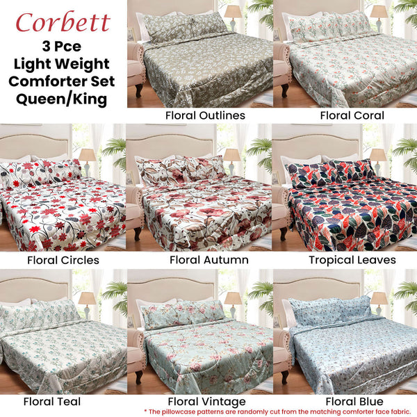 Hotel Living 3 Pce Light Weight Comforter Set Queen/King Corbett Floral Outlines Comforter Sets Queen