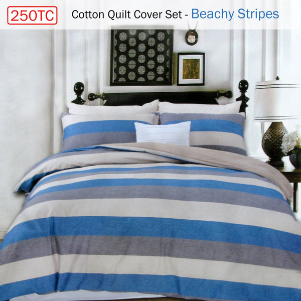 250Tc Cotton Reversible Quilt Cover Set Beachy Stripes Queen Quilt Covers