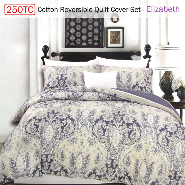 250Tc Cotton Reversible Quilt Cover Set Elizabeth Queen Quilt Covers