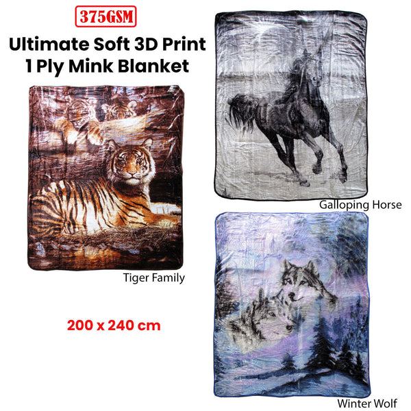 375Gsm 1 Ply 3D Print Faux Mink Blanket Queen 200X240 Cm Winter Wolf Blankets