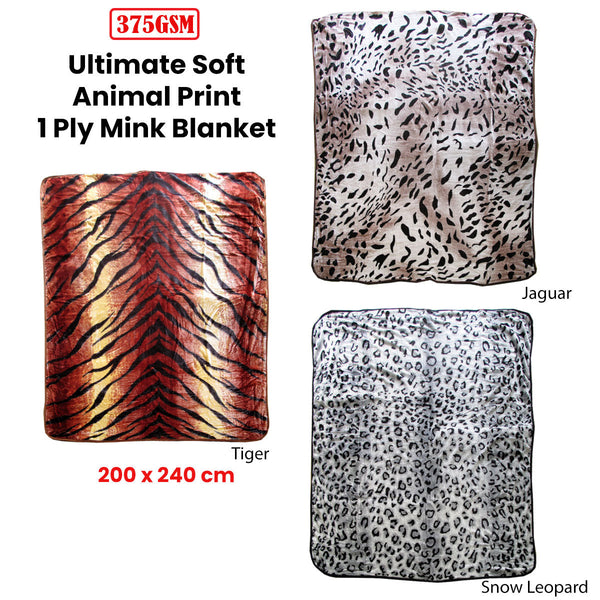 375Gsm 1 Ply Animal Print Faux Mink Blanket Queen 200X240 Cm Jaguar Blankets