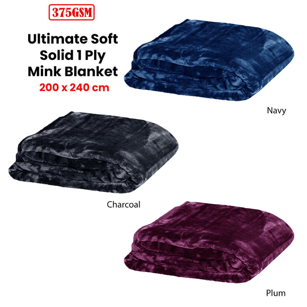 375Gsm 1 Ply Solid Faux Mink Blanket Queen 200X240 Cm Charcoal Blankets