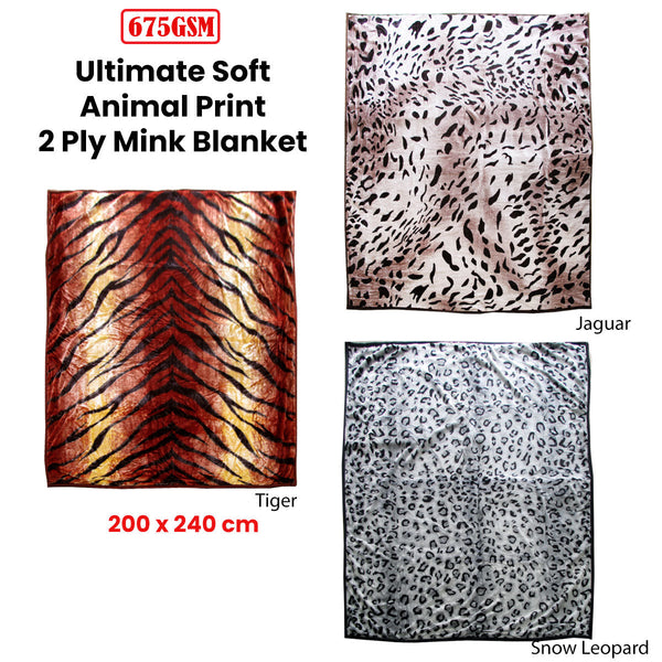 675Gsm 2 Ply Animal Print Faux Mink Blanket Queen 200X240 Cm Tiger Blankets