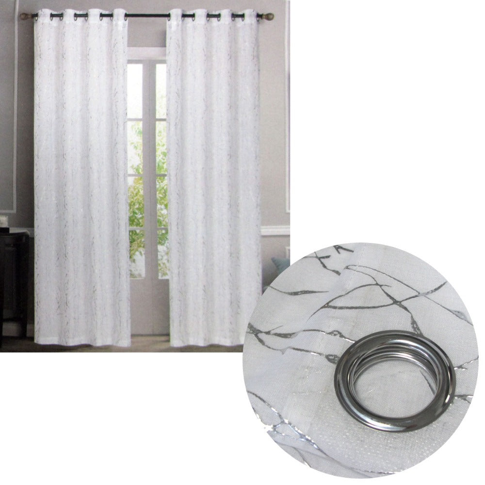 Pair Of Sheer Eyelet Curtains White With Silver Foils 137 X 213 Cm Curtains & Drapes