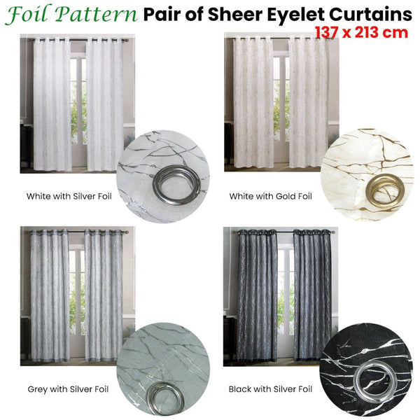 Pair Of Sheer Eyelet Curtains White With Silver Foils 137 X 213 Cm Curtains & Drapes
