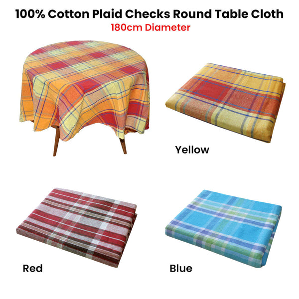 Cotton Plaid Checks Round Table Cloth 180Cm Diameter Yellow Table Cloths