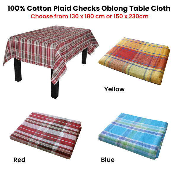 Cotton Plaid Checks Oblong Table Cloth Blue 150 X 230Cm Table Cloths