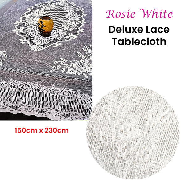 Rossi Rosie White Large Deluxue Lace Rectangle Tablecloth 150Cm X 230Cm 6 To 8 Seaters Table Cloths