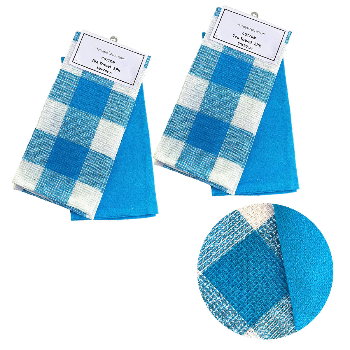 Set Of 4 Cotton Waffle Checkered & Plain Dyed Tea Towels 50Cm X 70Cm Tea Towels & Dishcloths