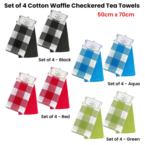 Set Of 4 Cotton Waffle Checkered & Plain Dyed Tea Towels 50Cm X 70Cm Tea Towels & Dishcloths