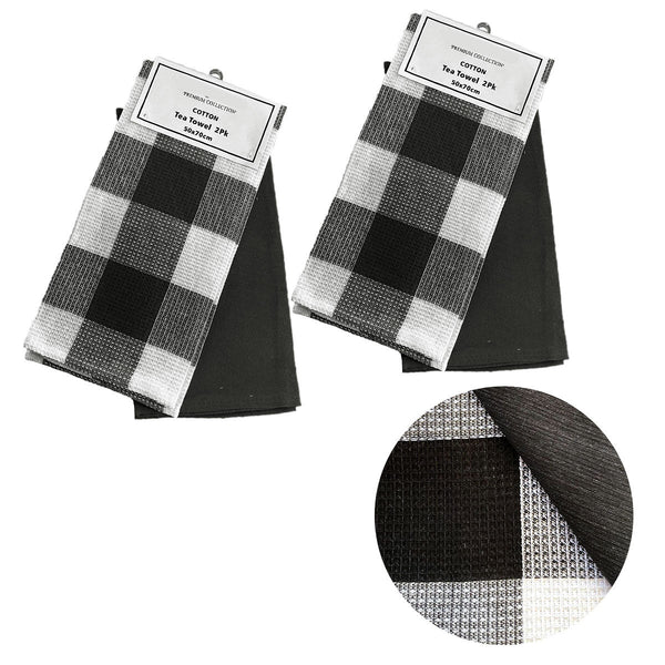 Set Of 4 Cotton Waffle Checkered & Plain Dyed Tea Towels 50Cm X 70Cm Tea Towels & Dishcloths